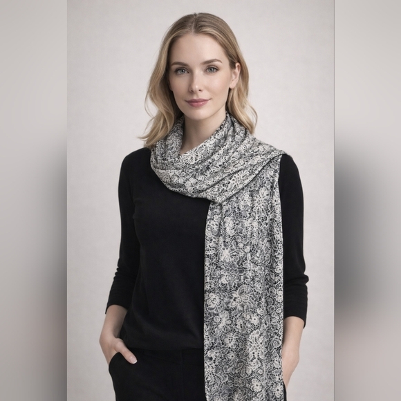 Accessories - Black & White Lace Print Satin-Feel Scarf | Lightweight Elegant Wrap #1070